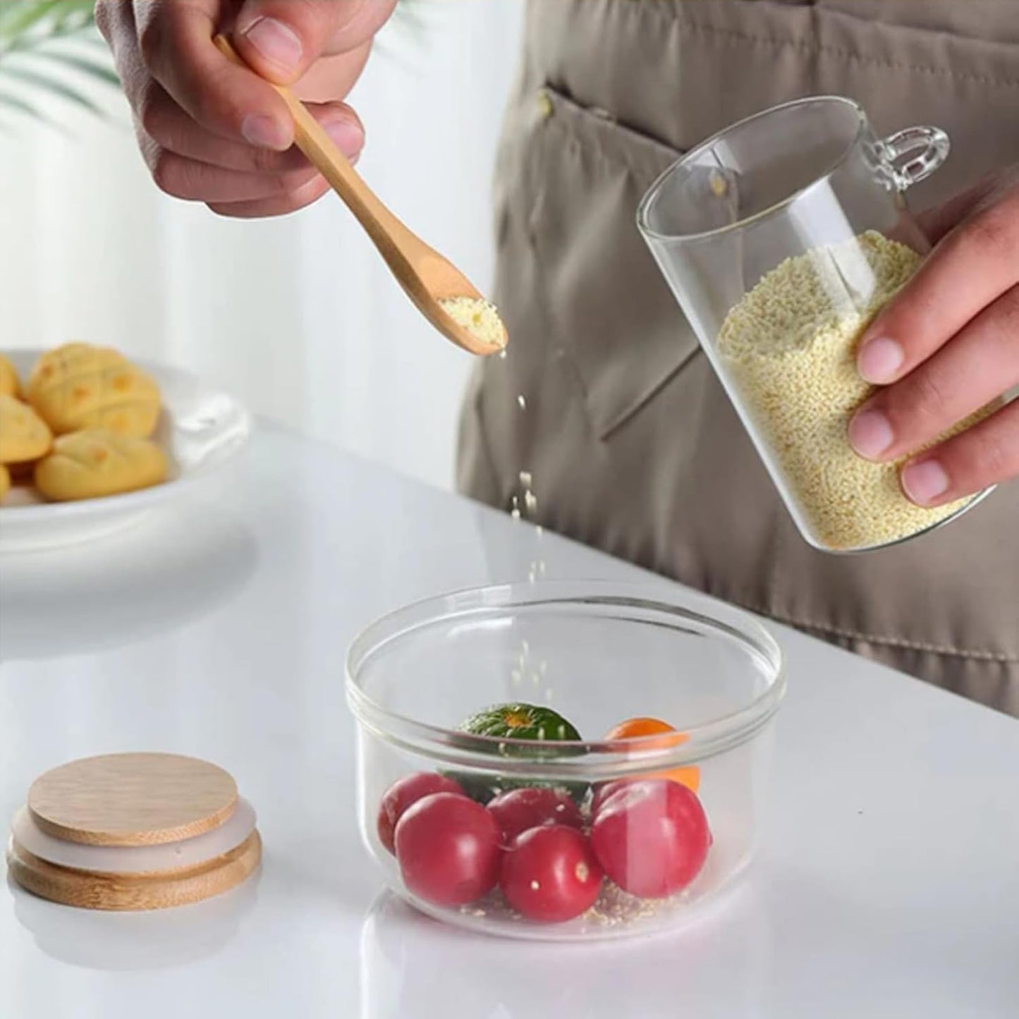 Dluxe Ave. Sugar Jar Glass Salt Container - 17.95oz Clear Airtight with Bamboo Lid and Spoon Scoop, Food Organizer Set of 2