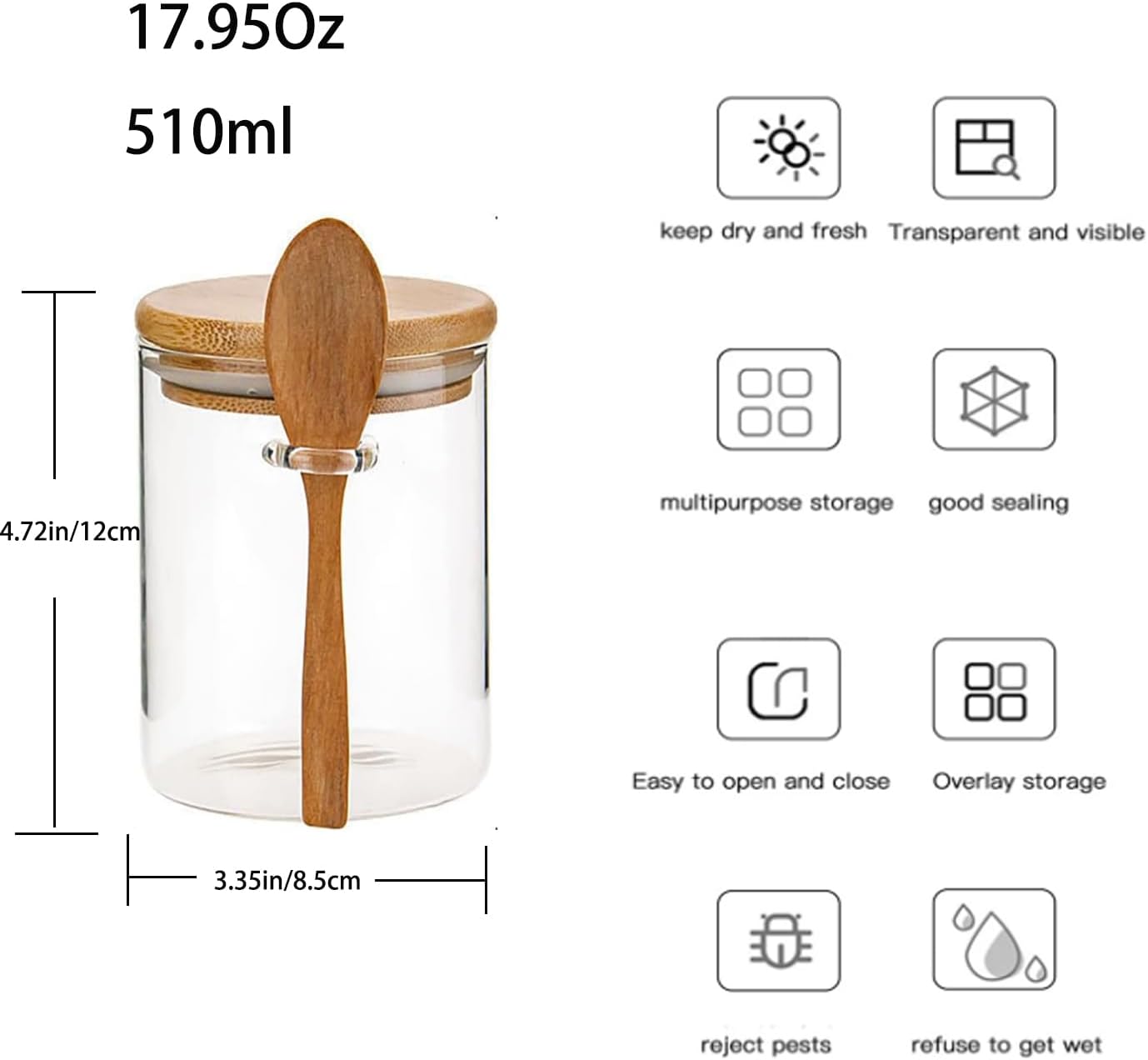 Dluxe Ave. Sugar Jar Glass Salt Container - 17.95oz Clear Airtight with Bamboo Lid and Spoon Scoop, Food Organizer Set of 2
