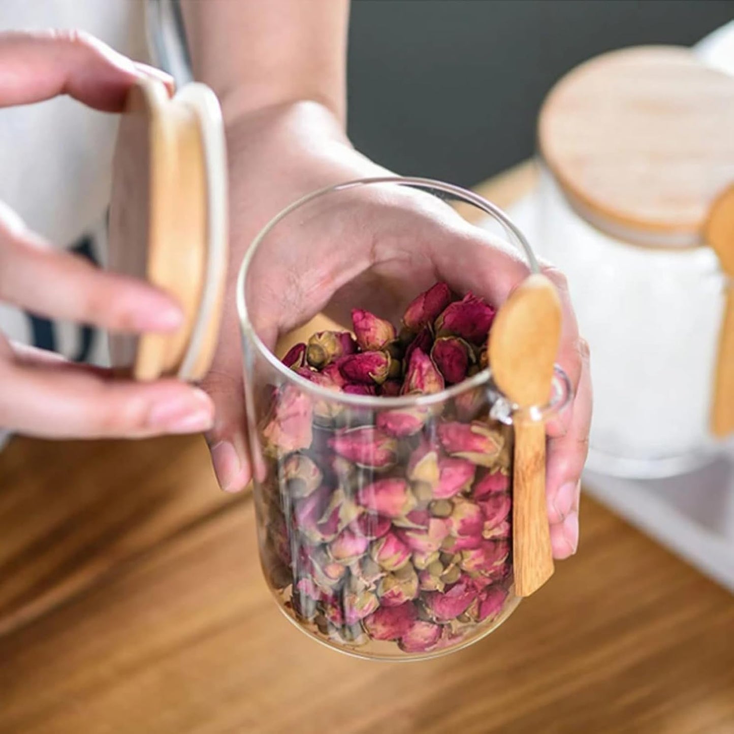 Dluxe Ave. Sugar Jar Glass Salt Container - 17.95oz Clear Airtight with Bamboo Lid and Spoon Scoop, Food Organizer Set of 2