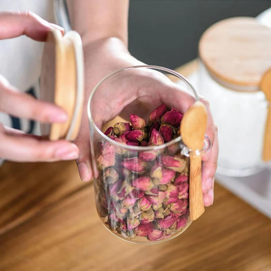 Dluxe Ave. Sugar Jar Glass Salt Container - 17.95oz Clear Airtight with Bamboo Lid and Spoon Scoop, Food Organizer Set of 2