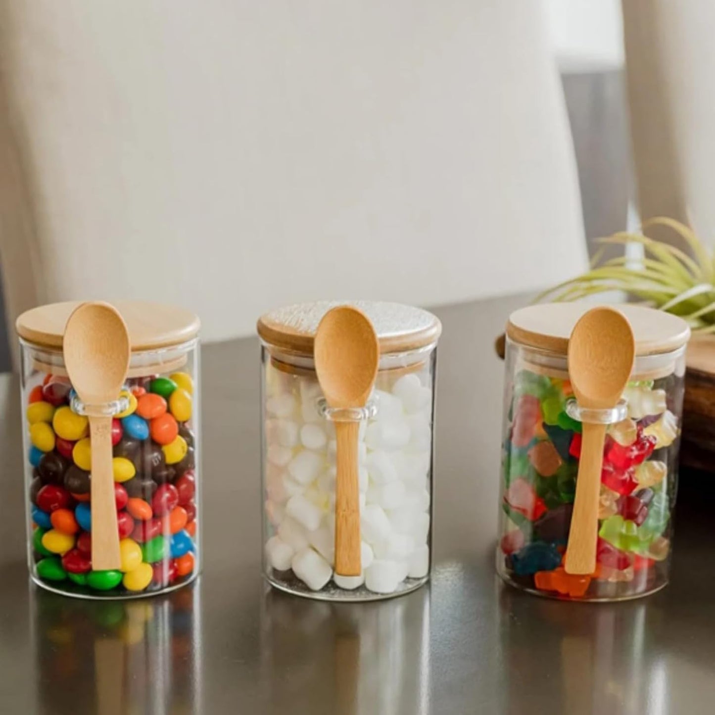 Dluxe Ave. Sugar Jar Glass Salt Container - 17.95oz Clear Airtight with Bamboo Lid and Spoon Scoop, Food Organizer Set of 2