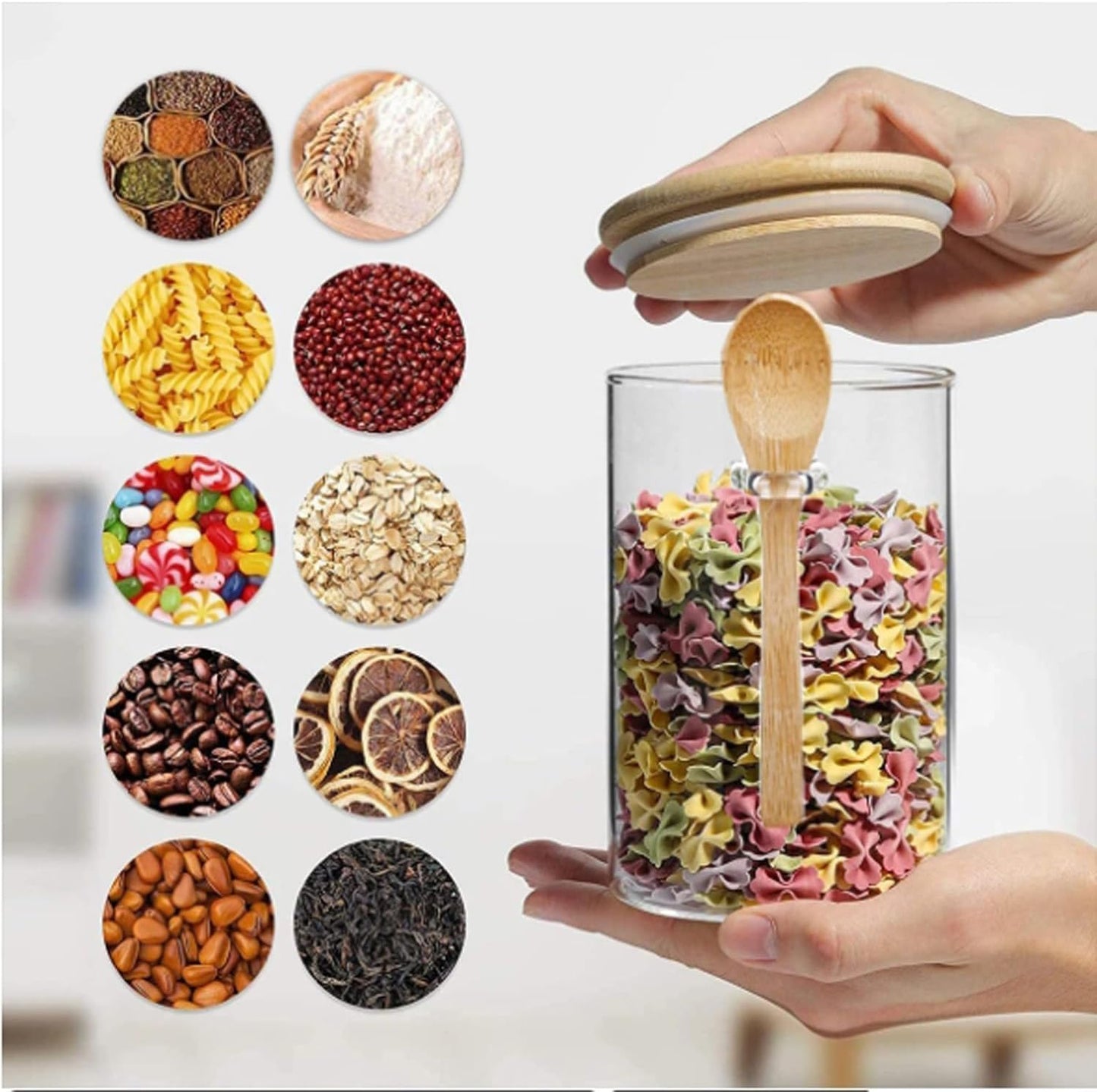 Dluxe Ave. Sugar Jar Glass Salt Container - 17.95oz Clear Airtight with Bamboo Lid and Spoon Scoop, Food Organizer Set of 2