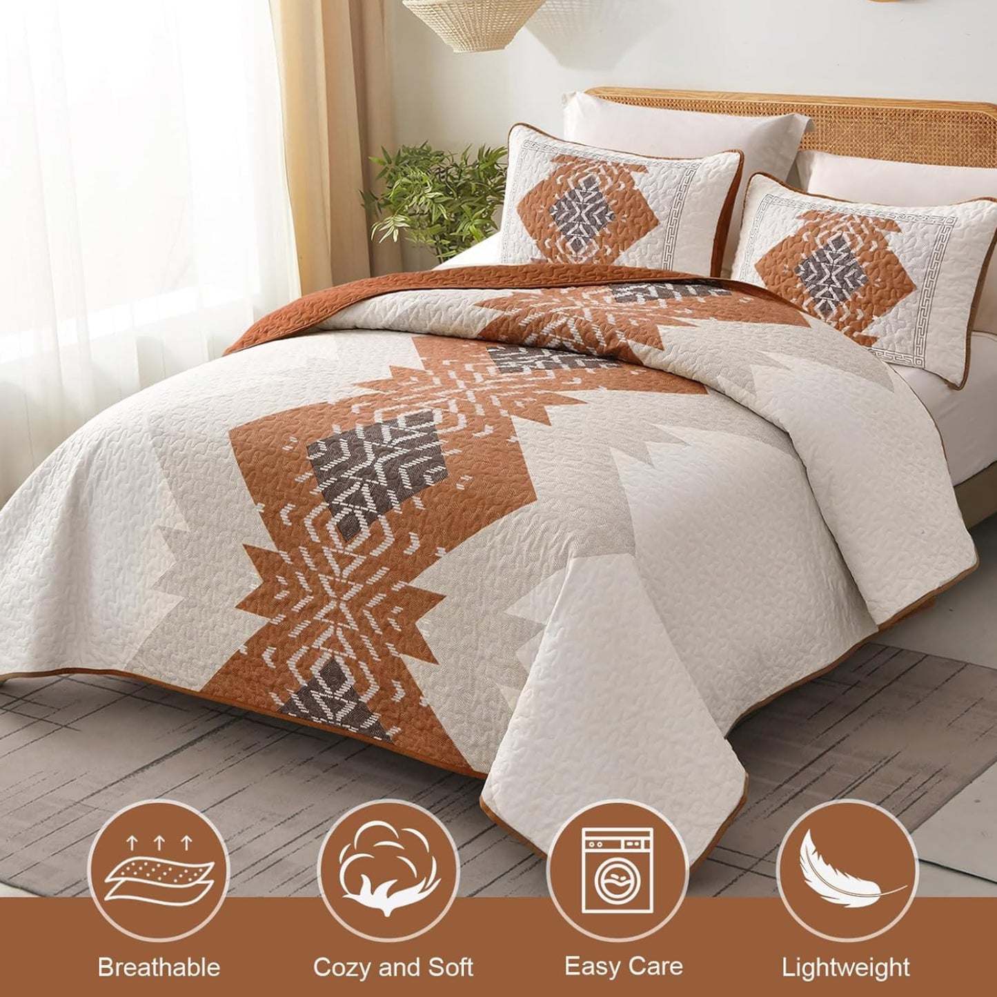 Dluxe Ave. (KING) Quilt Set 3 Pieces Aztec Texture Bedspread Coverlet Set for All Seasons (Terracotta 90"×103")