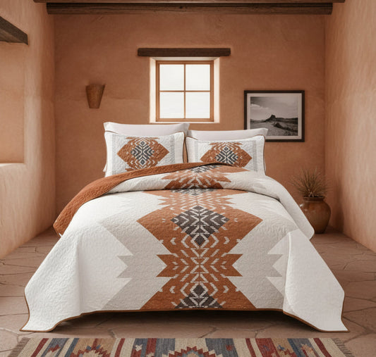 Dluxe Ave. (KING) Quilt Set 3 Pieces Aztec Texture Bedspread Coverlet Set /Terracotta