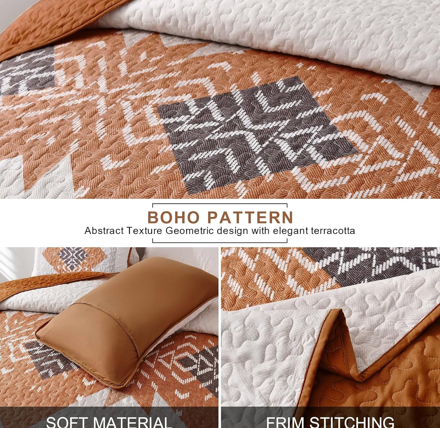 Dluxe Ave. (KING) Quilt Set 3 Pieces Aztec Texture Bedspread Coverlet Set for All Seasons (Terracotta 90"×103")