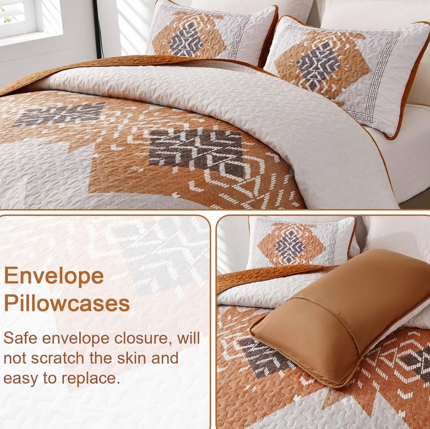Dluxe Ave. (KING) Quilt Set 3 Pieces Aztec Texture Bedspread Coverlet Set for All Seasons (Terracotta 90"×103")