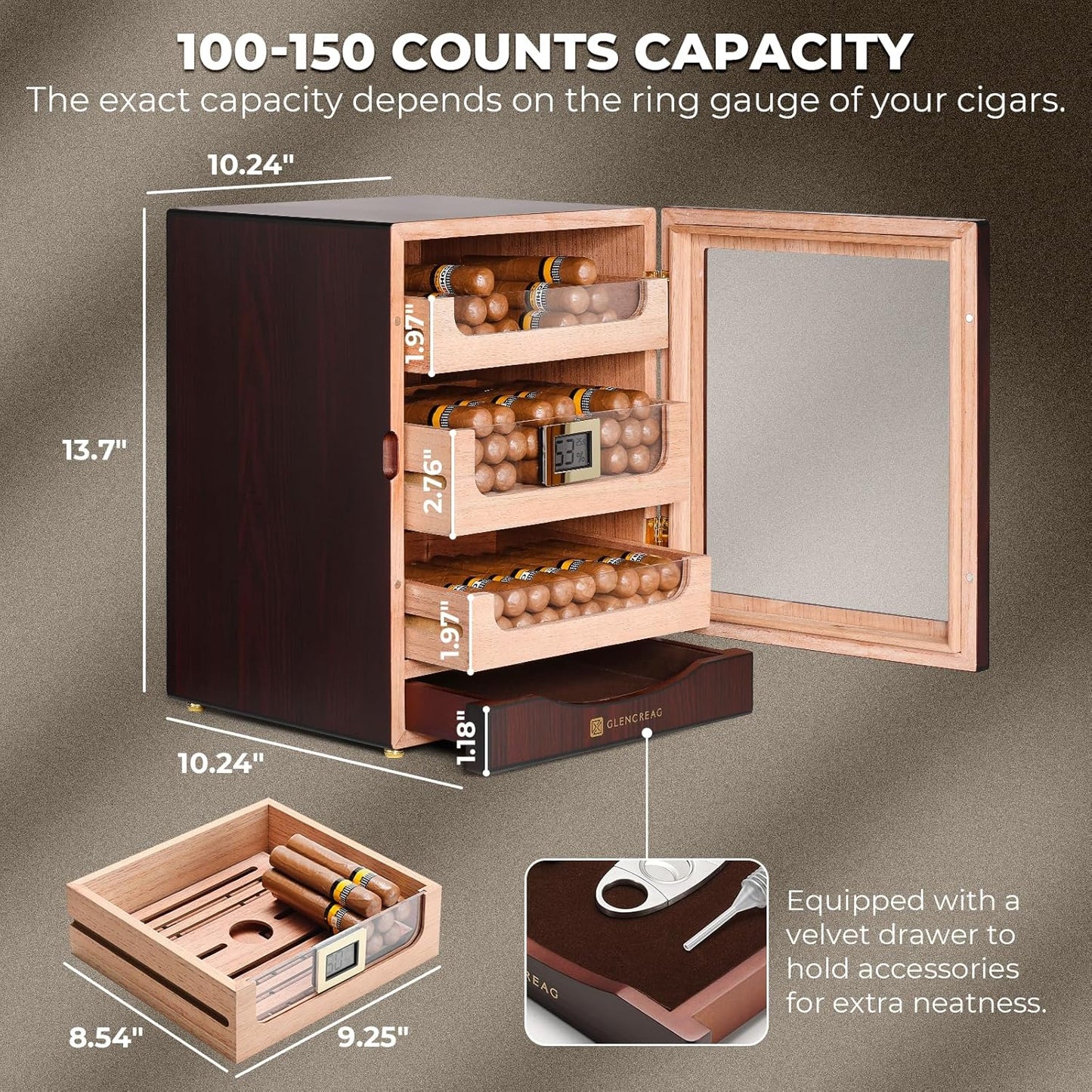 Dluxe Ave. Cigar Humidor Cabinet for 150 Cigars/ with Spanish Cedar