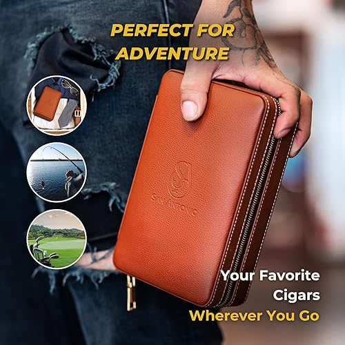 Dluxe Ave. Travel Cigar Humidor Case / Leather Cigar Case/ Cigar Lighter And Cutter