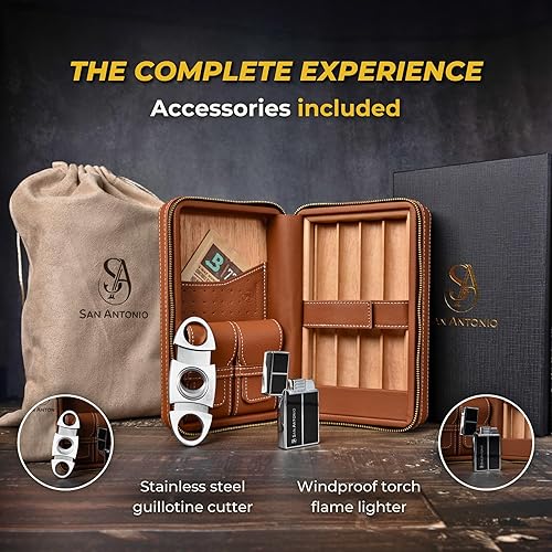 Dluxe Ave. Travel Cigar Humidor Case / Leather Cigar Case/ Cigar Lighter And Cutter