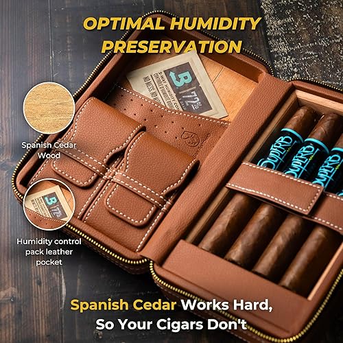 Dluxe Ave. Travel Cigar Humidor Case / Leather Cigar Case/ Cigar Lighter And Cutter