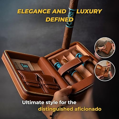 Dluxe Ave. Travel Cigar Humidor Case / Leather Cigar Case/ Cigar Lighter And Cutter