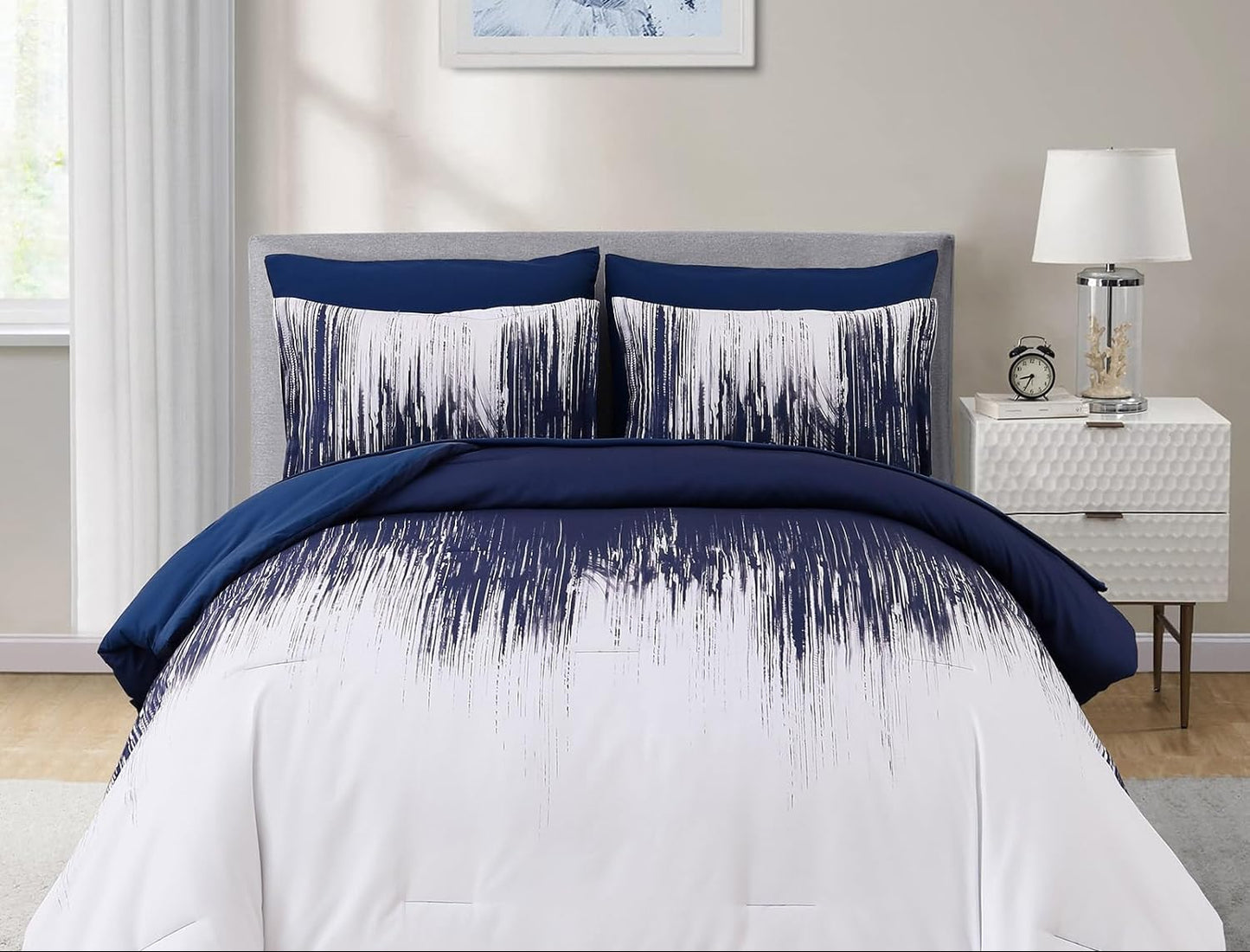 Dluxe Ave. ( QUEEN ) 7 Pcs Comforter Set, Gradient Navy Blue White