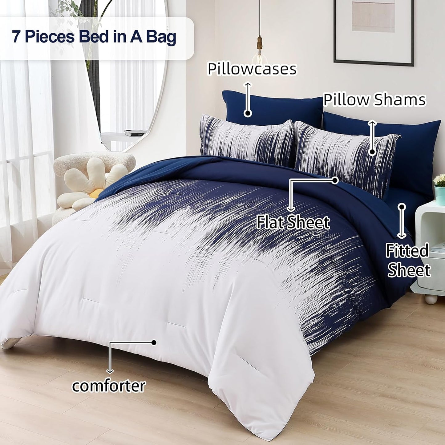 Dluxe Ave. ( QUEEN ) 7 Pcs Comforter Set, Gradient Navy Blue White