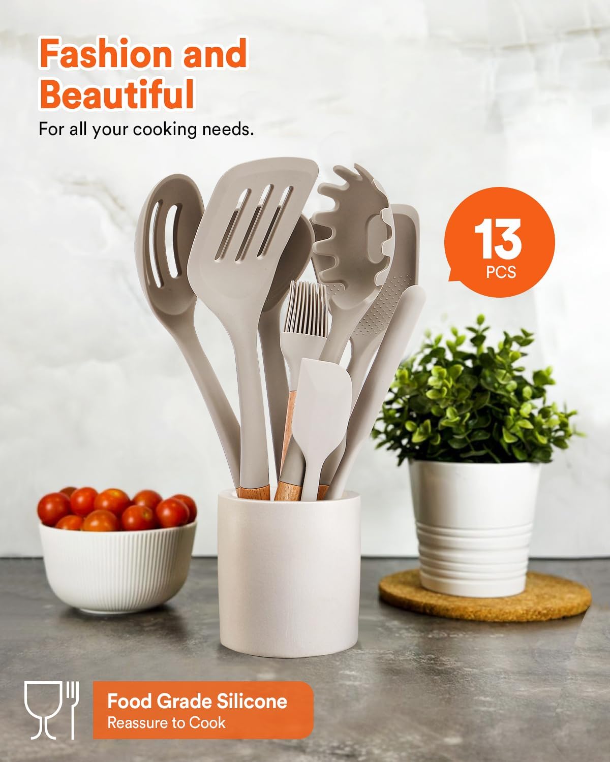 Dluxe Ave. 13Pcs Silicone Cooking Utensil Set/ Wooden Handles
