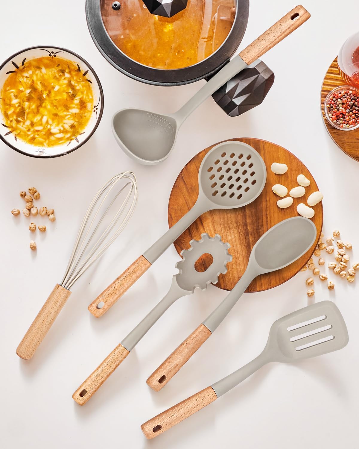 Dluxe Ave. 13Pcs Silicone Cooking Utensil Set/ Wooden Handles