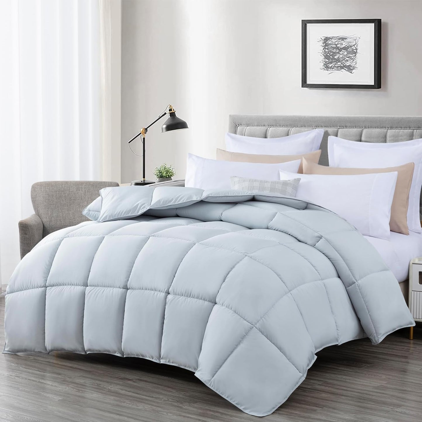 Dluxe Ave. ( QUEEN ) Comforter for All Season/ Down Alternative Plush Microfiber Fill Box Stitch Quilted/ Silver Gray