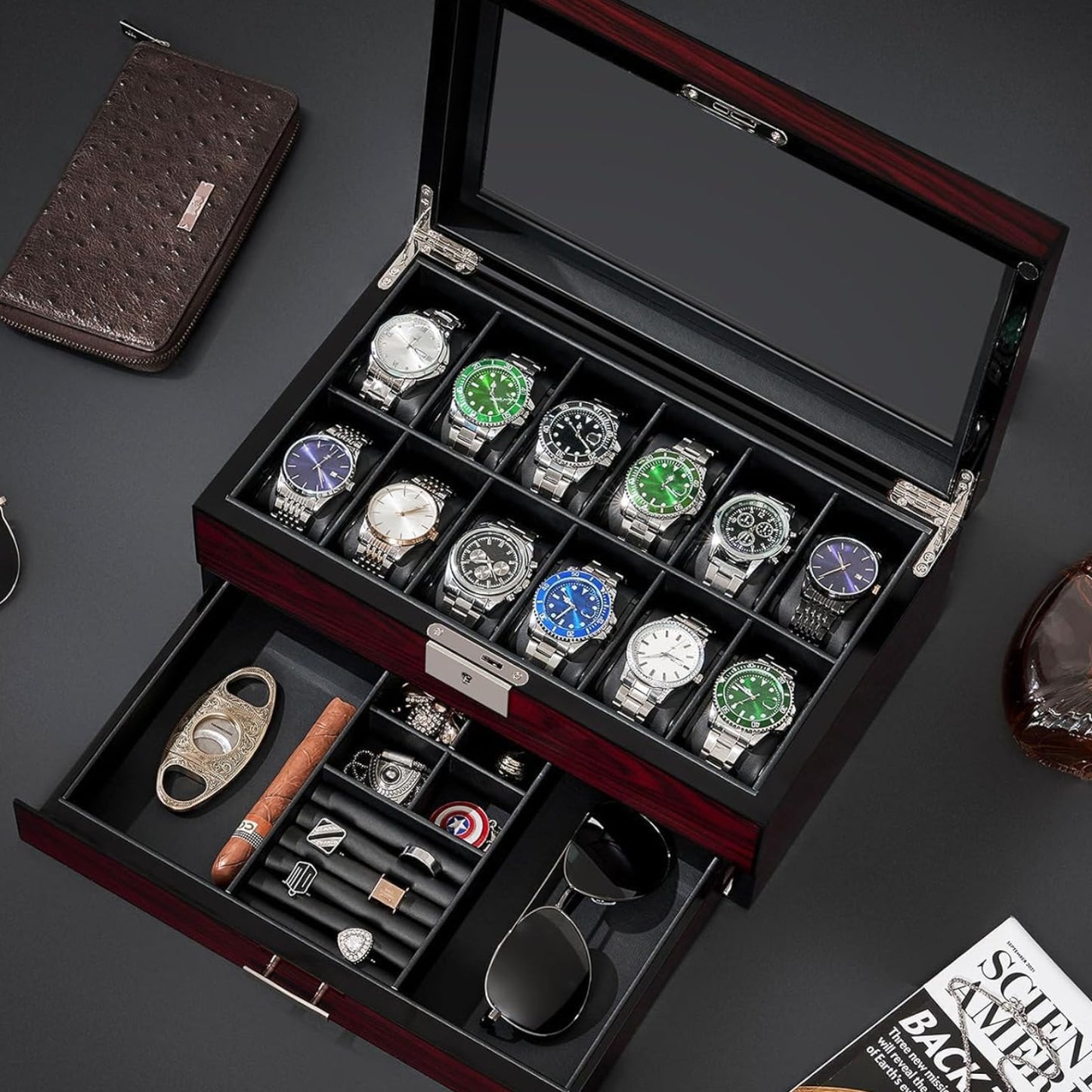 Dluxe Ave. 12 Slot Watch Cases for Men Watch Box with Large Lid Jewelry Box with Watch Storage