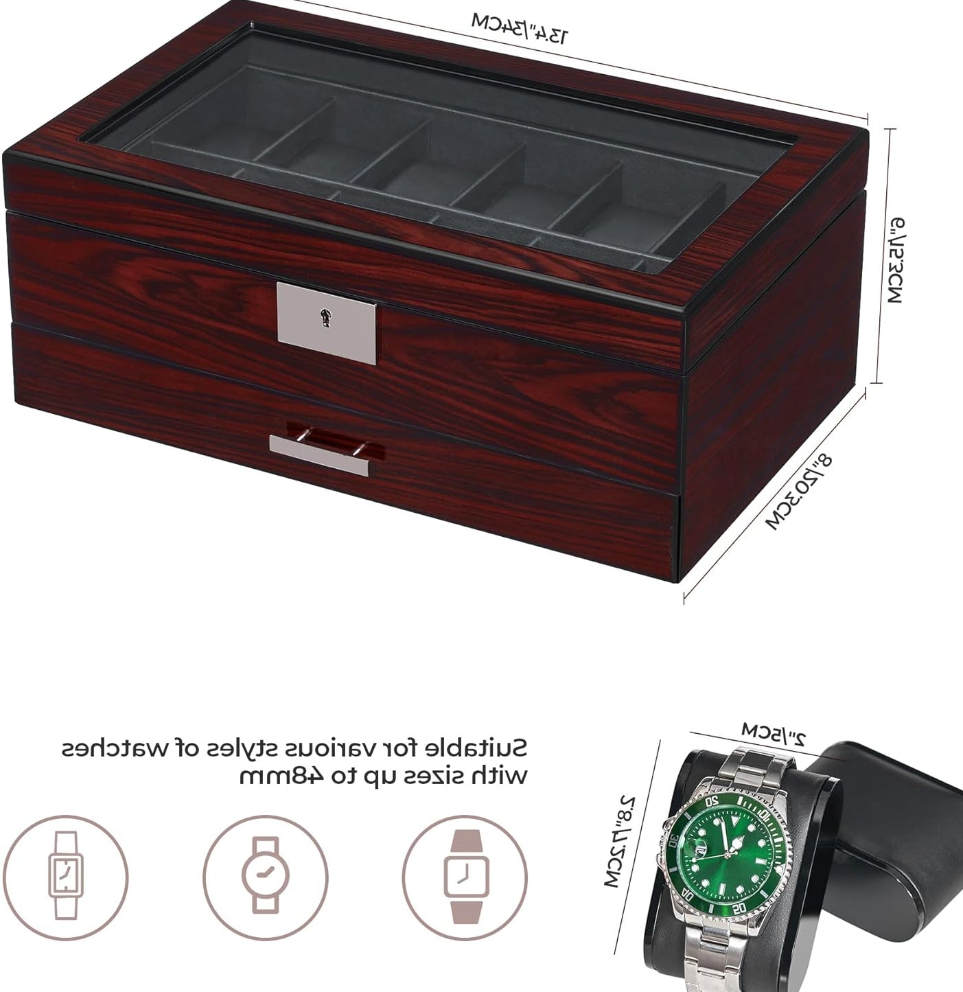Dluxe Ave. 12 Slot Watch Cases for Men Watch Box with Large Lid Jewelry Box with Watch Storage