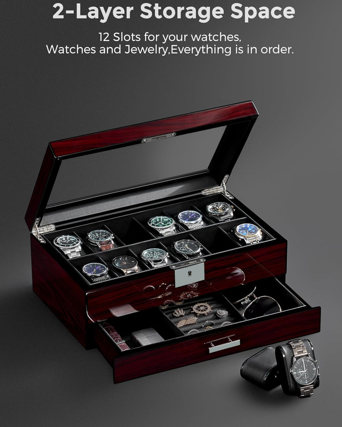 Dluxe Ave. 12 Slot Watch Cases for Men Watch Box with Large Lid Jewelry Box with Watch Storage
