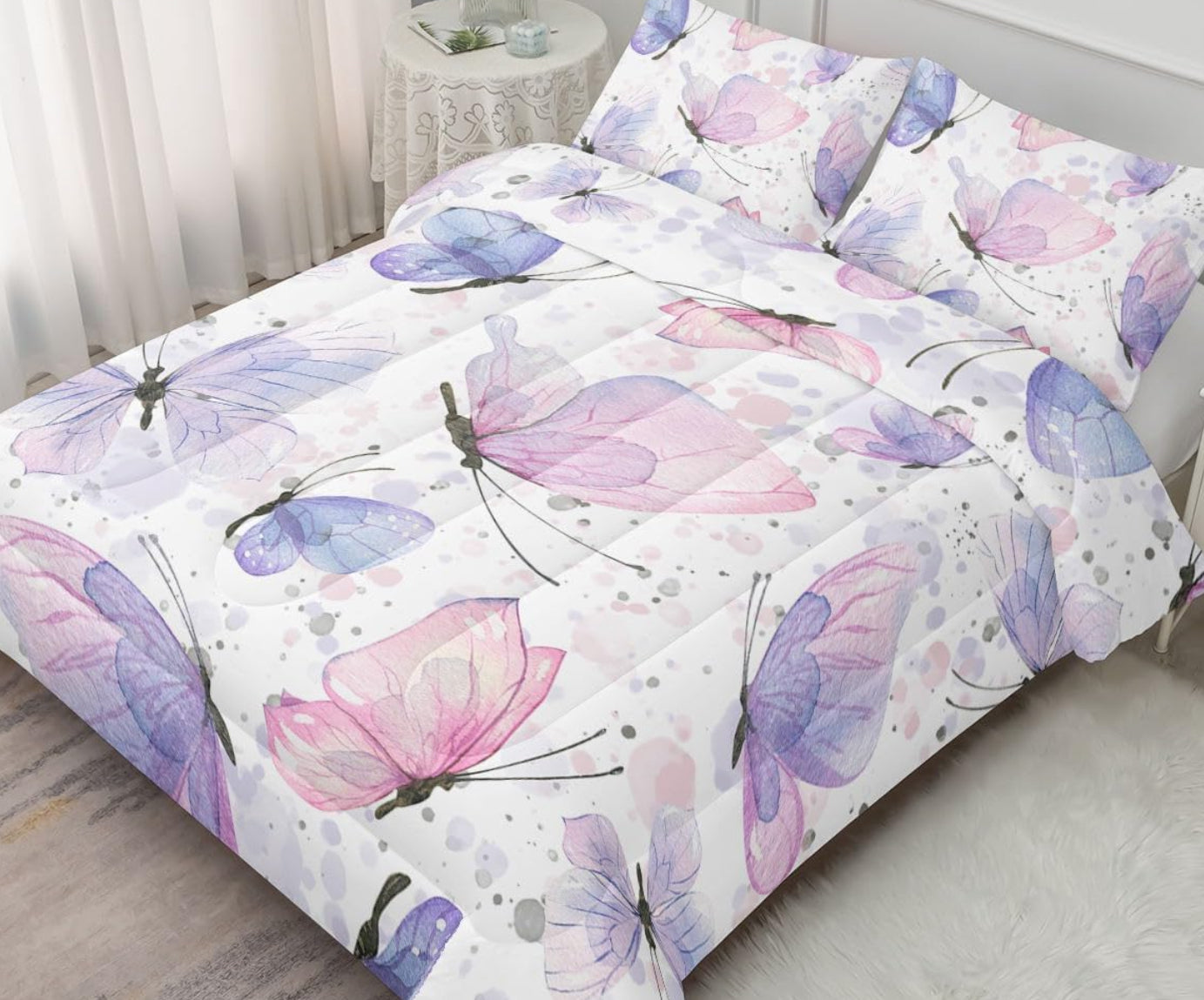 Dluxe Ave. ( TWIN ) 3 Pcs Comforter and Bedding Set/ for All Season/ Butterflies/ Pink & Purple