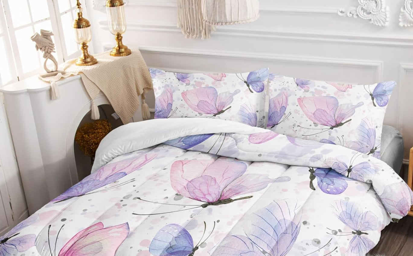Dluxe Ave. ( TWIN ) 3 Pcs Comforter and Bedding Set/ for All Season/ Butterflies/ Pink & Purple