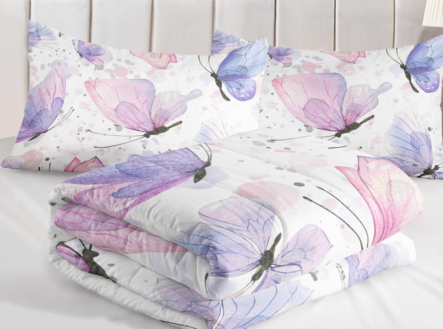 Dluxe Ave. ( TWIN ) 3 Pcs Comforter and Bedding Set/ for All Season/ Butterflies/ Pink & Purple
