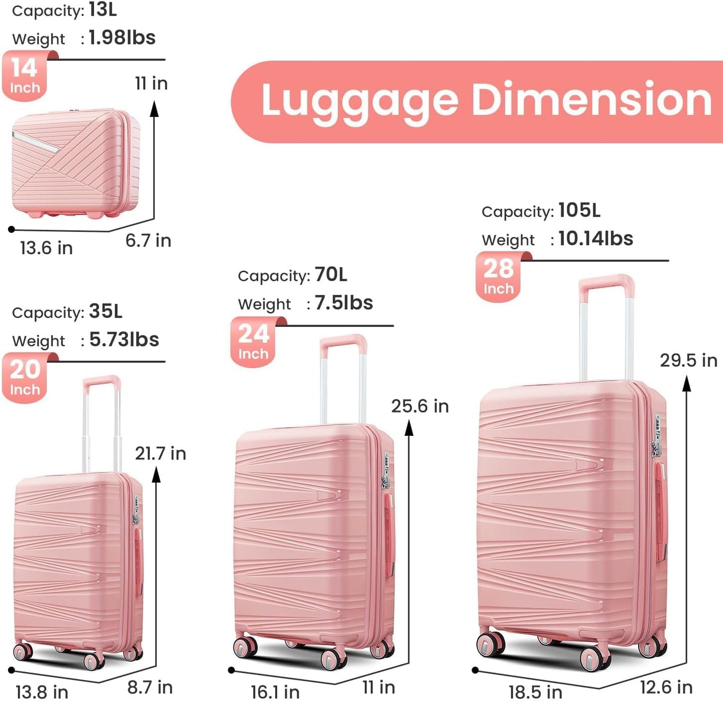 Dluxe Ave. Luggage Sets 4 Pcs/ Hard Shell/ Lightweight Carry on Expandable/ Spinner Wheels/ TSA Lock (Rose Pink)