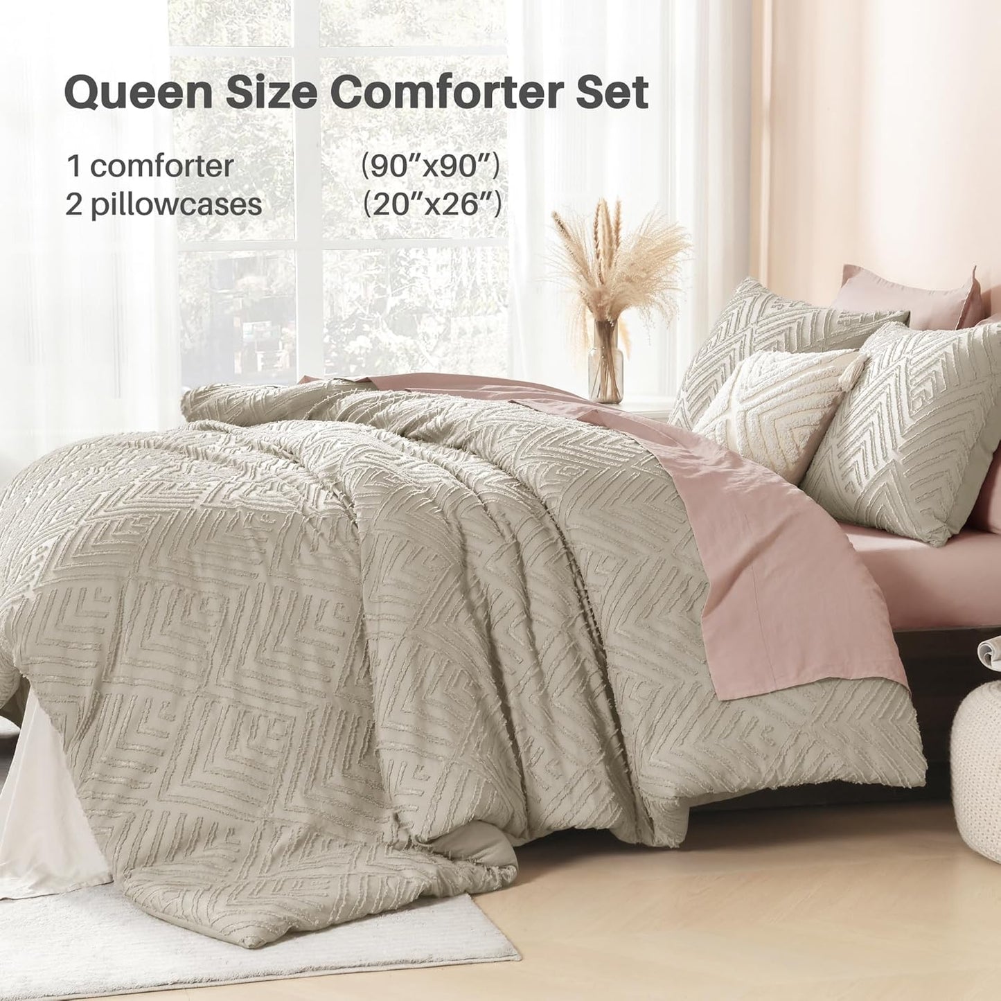 Dluxe Ave. ( QUEEN ) 3 Pcs Tufted Boho Farmhouse Bedding Comforter Set, Lightweight Fluffy Comforter/ Oatmeal