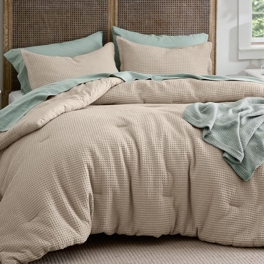 Dluxe Ave. ( KING ) 3 Pcs Waffle Comforter Set, Soft Cotton, for All Seasons, Khaki