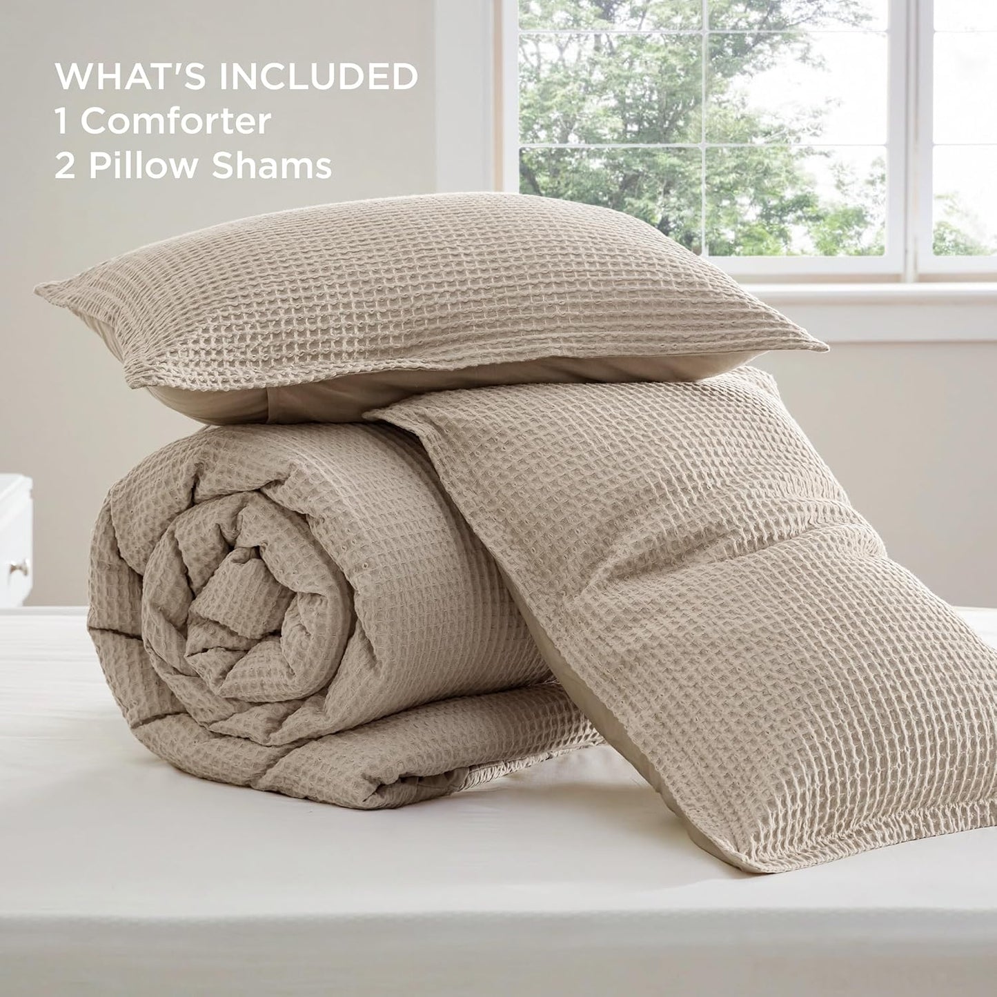 Dluxe Ave. ( KING ) 3 Pcs Waffle Comforter Set/ Soft Cotton/ for All Seasons/ Khaki