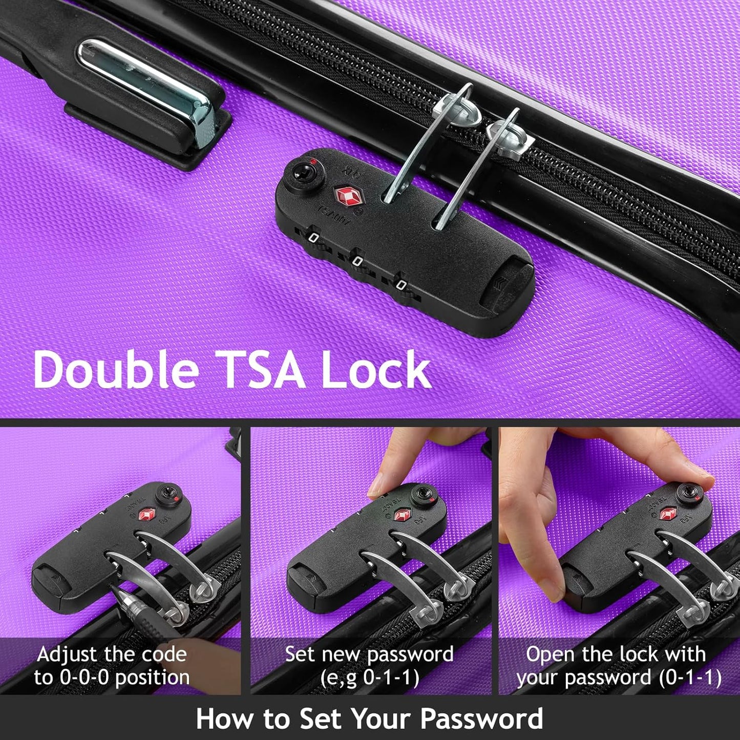 Dluxe Ave. Luggage Set 3 Pcs Sets/ TSA Lock/4 Spinner Wheels/ ABS Hardside/ (Light Purple) 20" 24" 28"