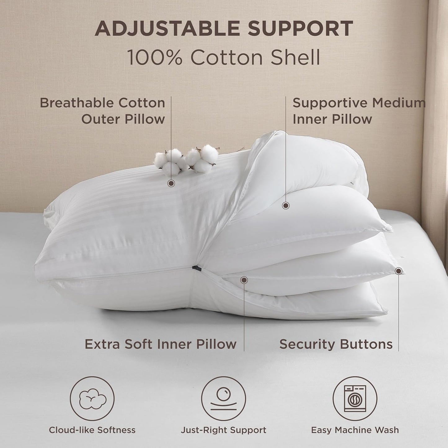 Dluxe Ave. ( QUEEN ) Fluffy Adjustable Layer Bed Pillows, Set of 2, { SOFT/ FIRM } Luxury Hotel Collection