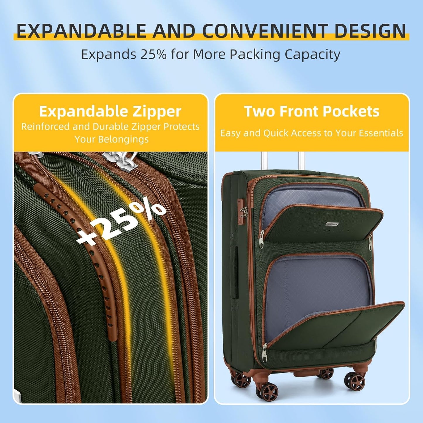 Dluxe Ave. 5 Piece Soft side Expandable Suitcases Set with Spinner Wheels/ TSA Lock/(Green Brown)