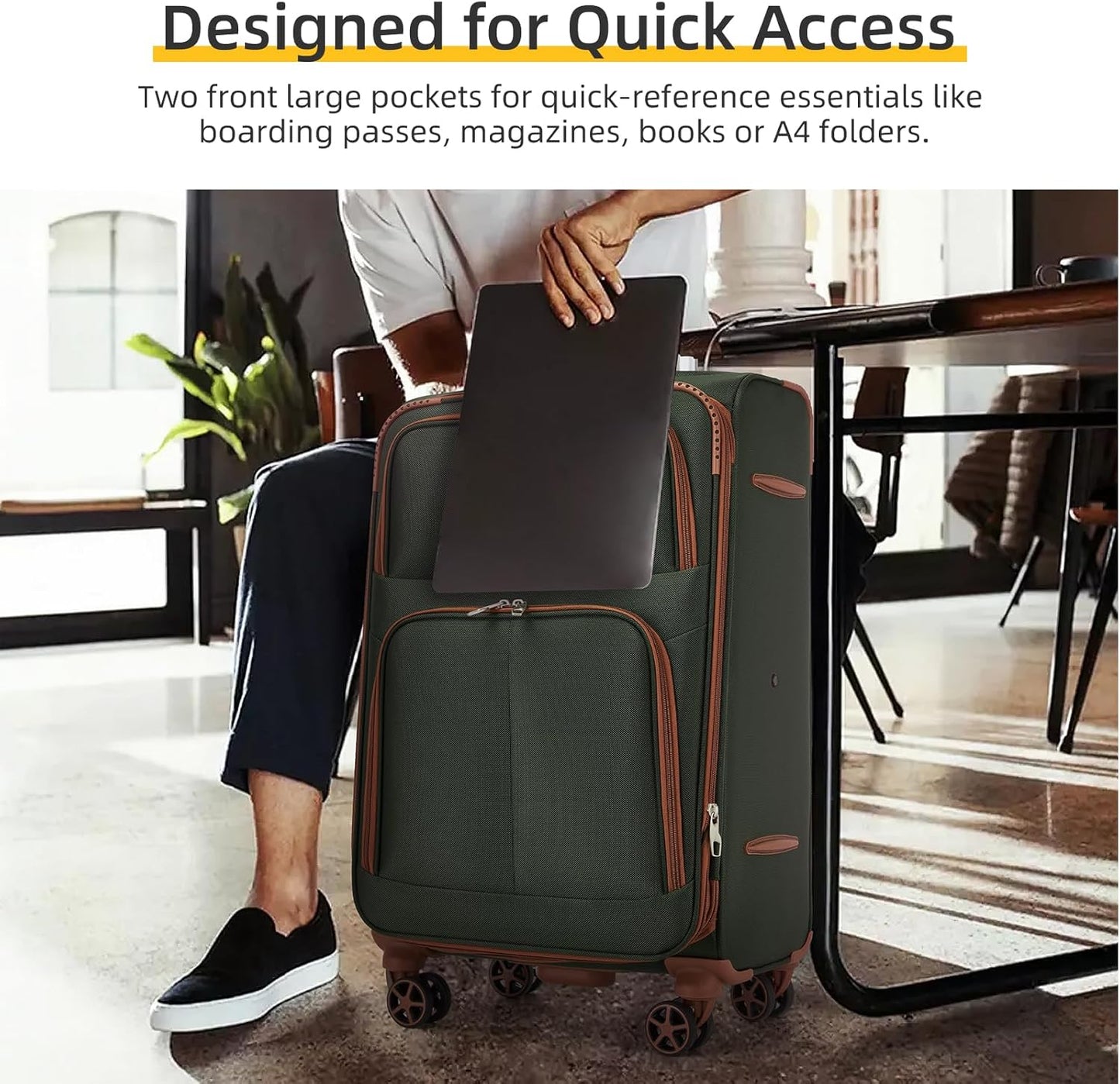 Dluxe Ave. 5 Piece Soft side Expandable Suitcases Set with Spinner Wheels/ TSA Lock/(Green Brown)