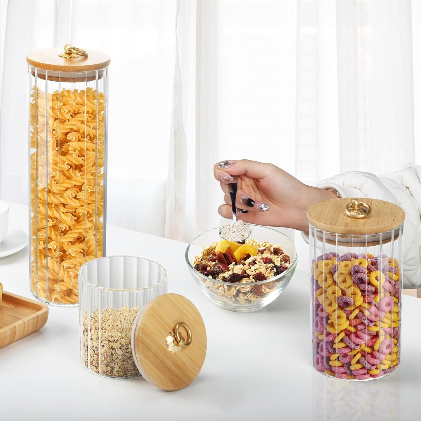 Dluxe Ave.  (Out of Stock) Borosilicate Glass Storage Jars Set of 5 Clear Food Storage Containers with Bamboo Lid Metal Ring