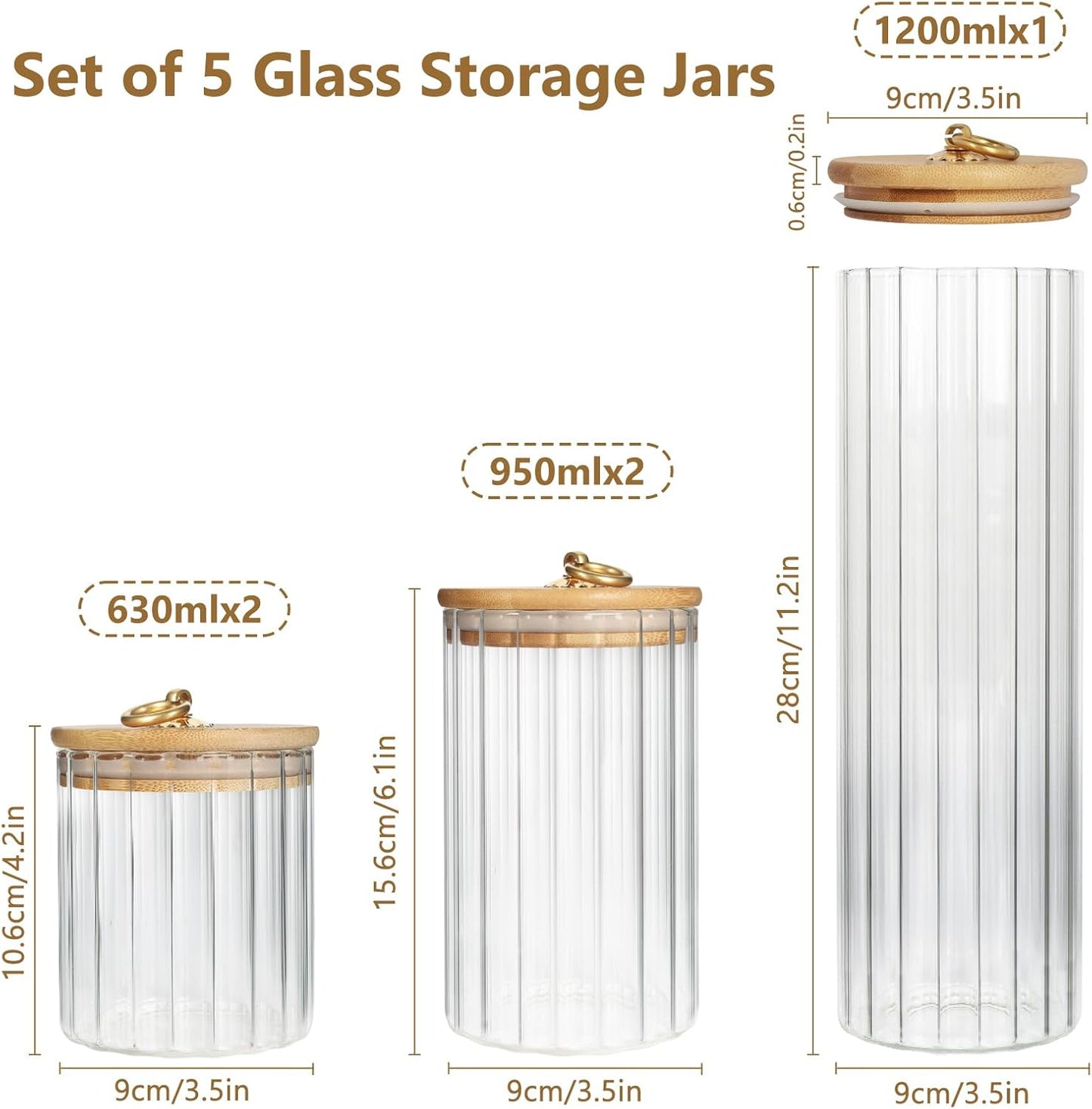 Dluxe Ave.  (Out of Stock) Borosilicate Glass Storage Jars Set of 5 Clear Food Storage Containers with Bamboo Lid Metal Ring