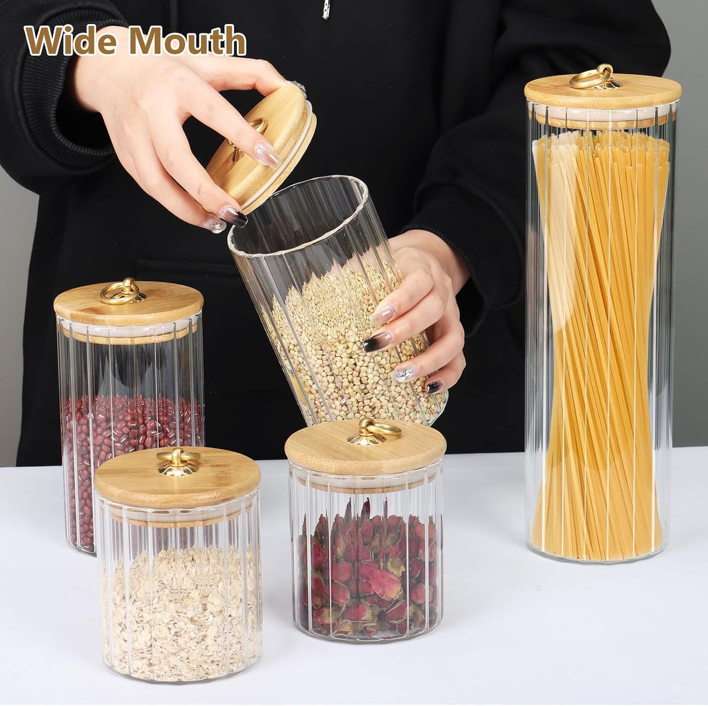 Dluxe Ave.  (Out of Stock) Borosilicate Glass Storage Jars Set of 5 Clear Food Storage Containers with Bamboo Lid Metal Ring