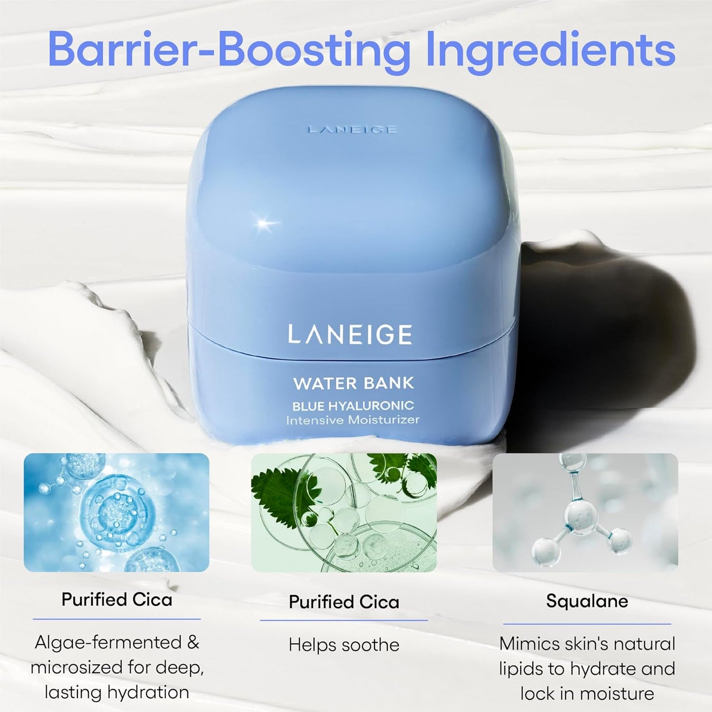 Dluxe Ave. LANEIGE Water Bank Blue Hyaluronic Intensive Moisturizer: Peptides Squalane Hydration Improve Elasticity Fortify Skins Moisture Barrier