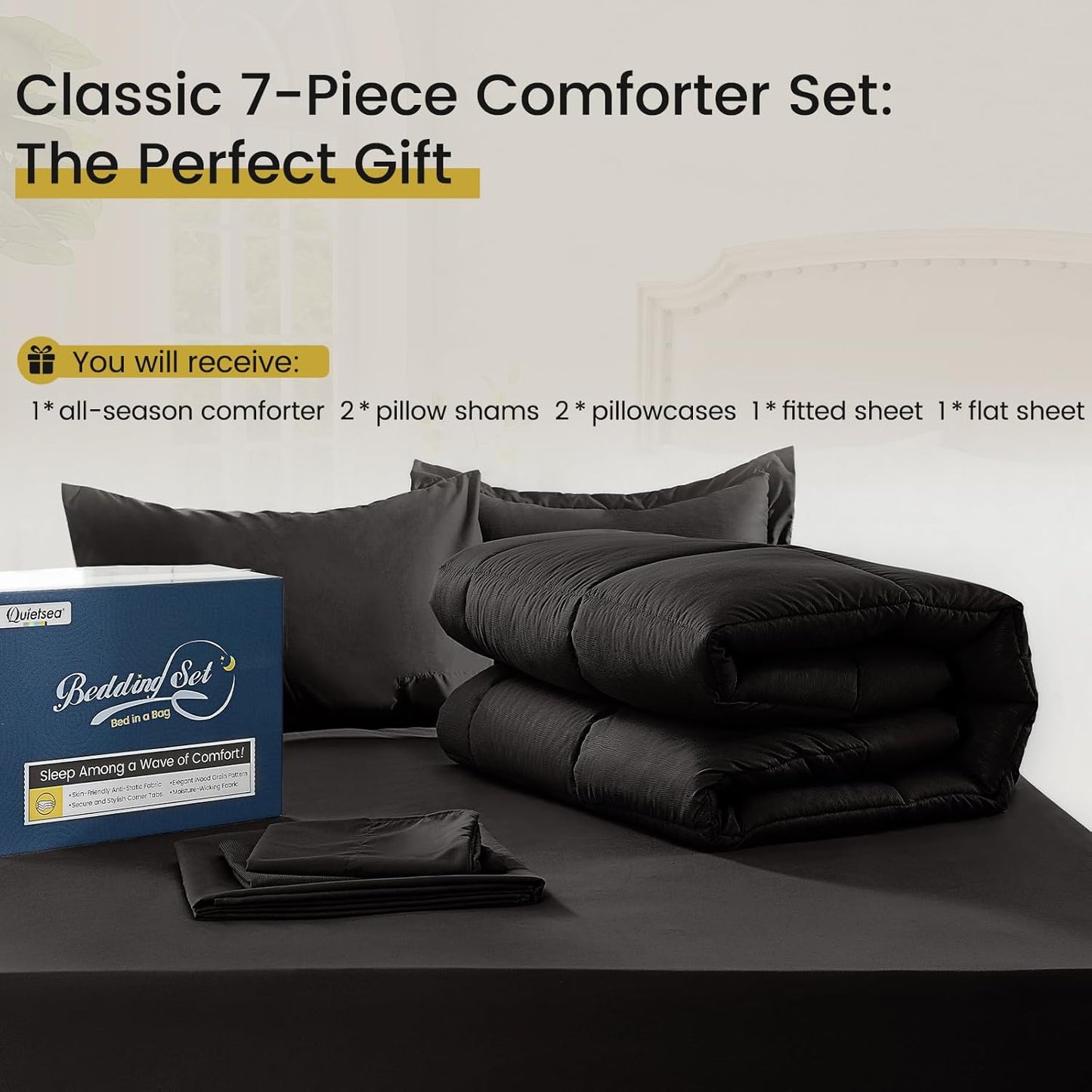 Dluxe Ave. ( KING ) 7 Pcs King Size Comforter Set/ Black