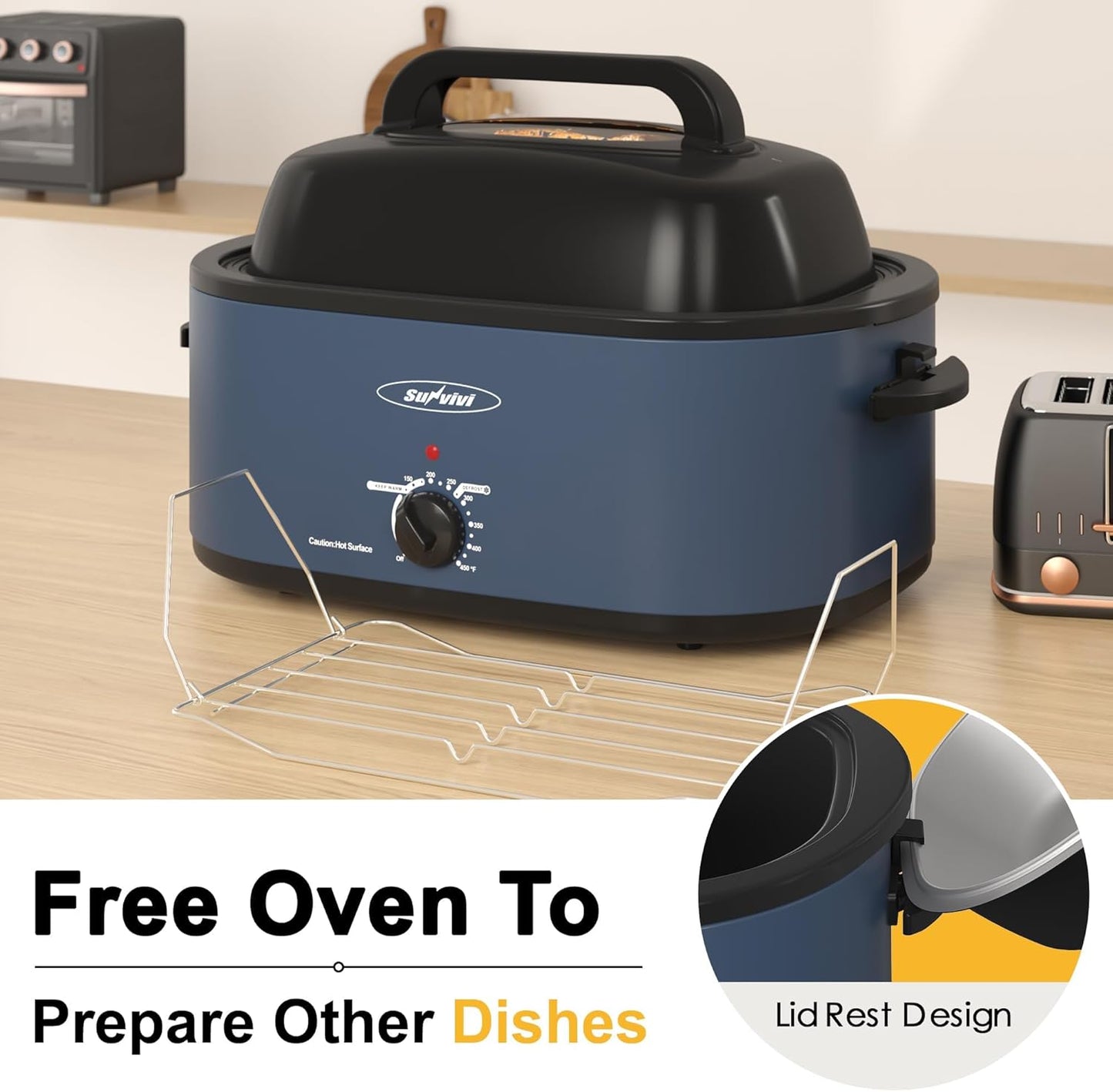 Dluxe Ave.  24 Quart Electric Roaster Oven with Lid, with Removable Pan, Dark Blue