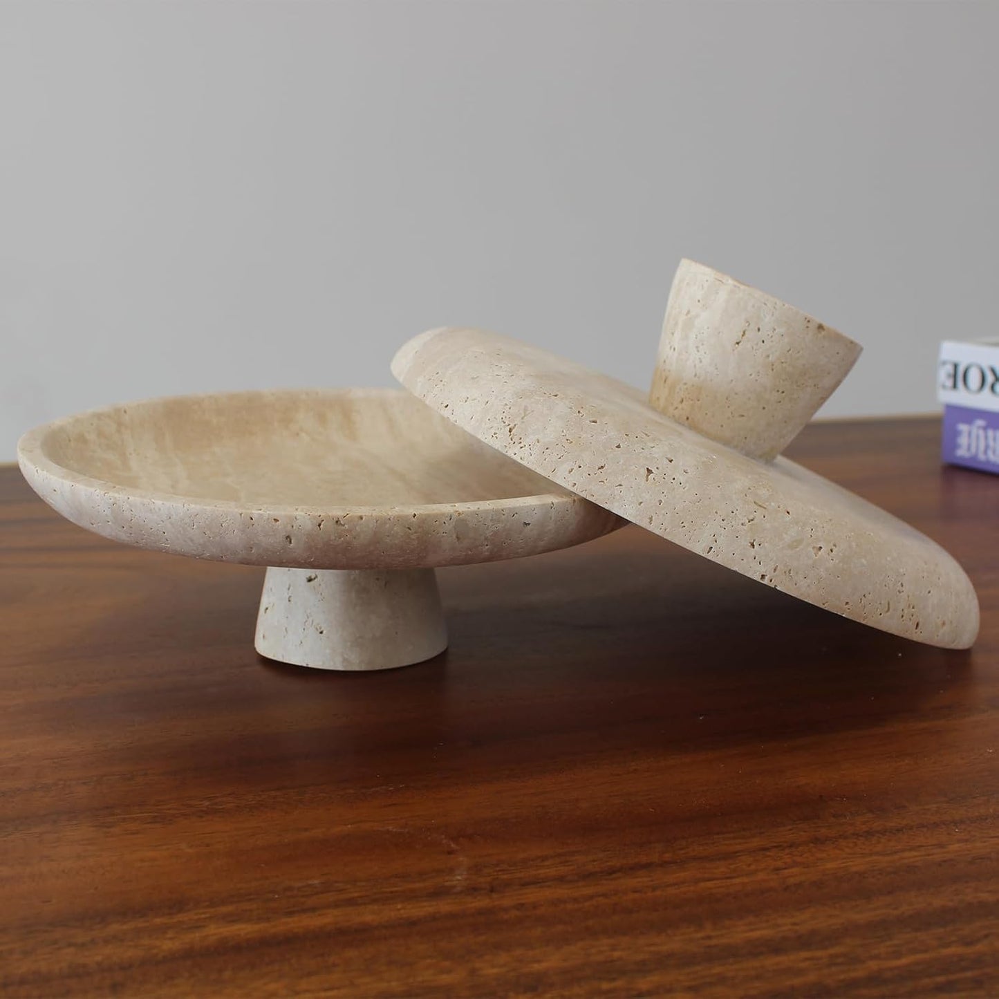 Dluxe Ave. Natural Travertine Fruit Bowl for Kitchen Counter 10.2" Large  Bowl Pedestal