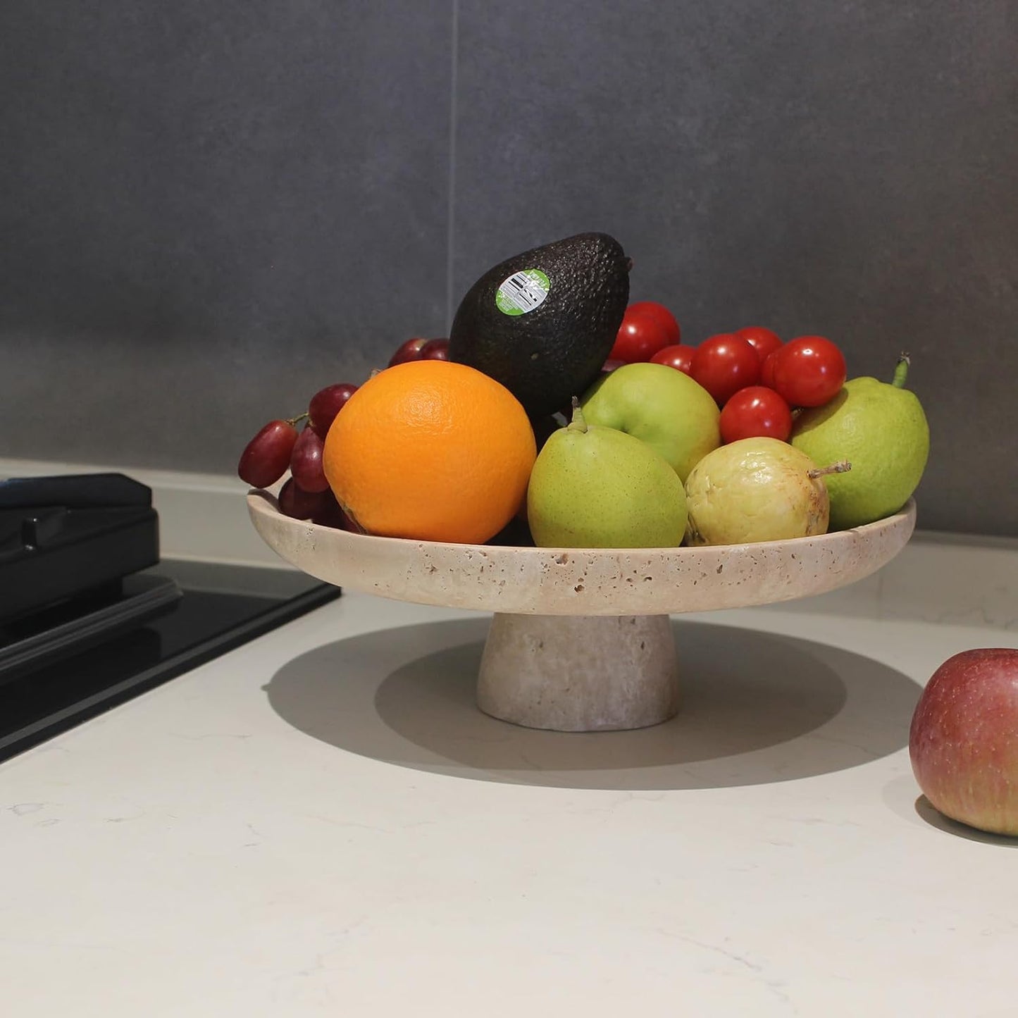 Dluxe Ave. Natural Travertine Fruit Bowl for Kitchen Counter 10.2" Large  Bowl Pedestal