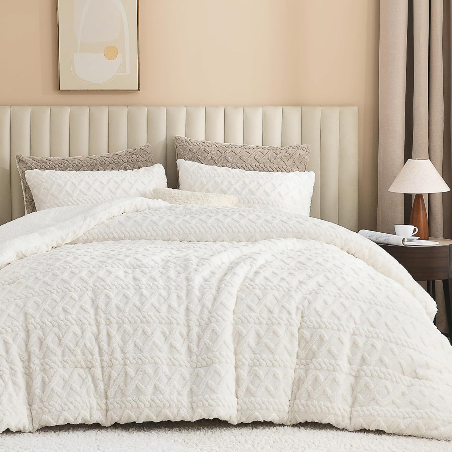 Dluxe. Ave. ( FULL ) 3 Pcs Fluffy Sherpa Comforter Set/ Super Soft Fleece/ Luxury Jacquard Boho Thick Fuzzy Plush/ White