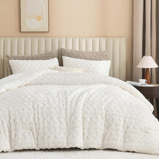 Dluxe. Ave. ( FULL ) 3 Pcs Fluffy Sherpa Comforter Set/ Super Soft Fleece/ Luxury Jacquard Boho Thick Fuzzy Plush/ White