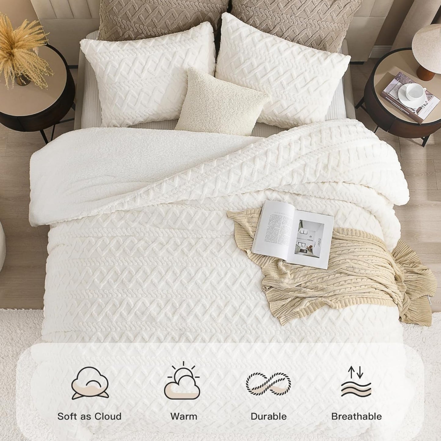 Dluxe. Ave. ( FULL ) 3 Pcs Fluffy Sherpa Comforter Set/ Super Soft Fleece/ Luxury Jacquard Boho Thick Fuzzy Plush/ White