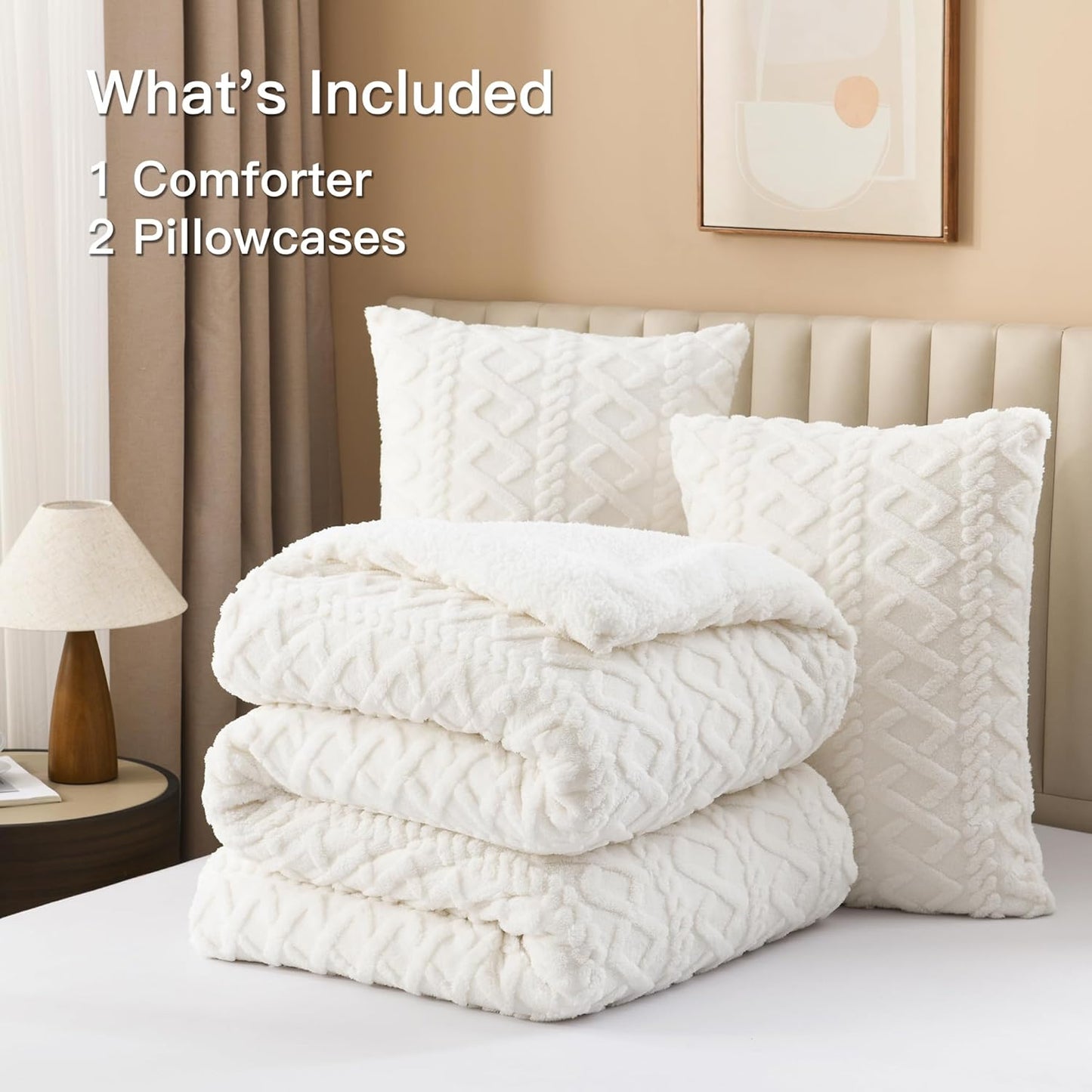 Dluxe. Ave. ( FULL ) 3 Pcs Fluffy Sherpa Comforter Set/ Super Soft Fleece/ Luxury Jacquard Boho Thick Fuzzy Plush/ White