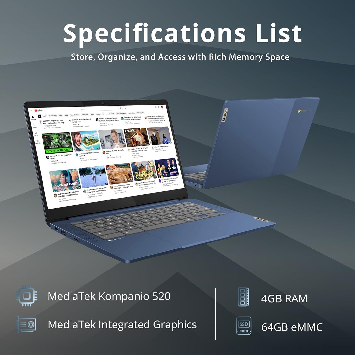 Dluxe Ave. Lenovo IdeaPad Slim 3 Chromebook 14″ FHD IPS Touchscreen Laptop MediaTek Kompanio 520 Processor 4GB RAM 64GB