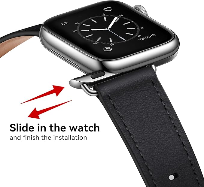 Dluxe Ave. WFEAGL Compatible for Leather Apple Watch Band 42mm 44mm 45mm Women Genuine Leather Replacement Strap Wristband for iWatch Band Apple Watch SE Series 9 8 7 6 5 4 3 2 1(Black/Silver)