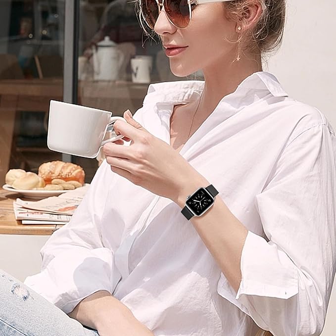 Dluxe Ave. WFEAGL Compatible for Leather Apple Watch Band 42mm 44mm 45mm Women Genuine Leather Replacement Strap Wristband for iWatch Band Apple Watch SE Series 9 8 7 6 5 4 3 2 1(Black/Silver)