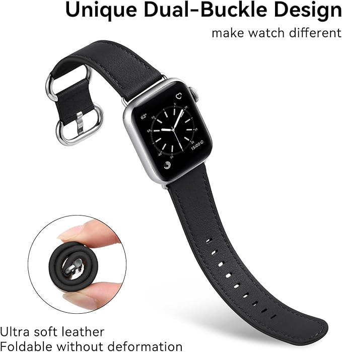 Dluxe Ave. WFEAGL Compatible for Leather Apple Watch Band 42mm 44mm 45mm Women Genuine Leather Replacement Strap Wristband for iWatch Band Apple Watch SE Series 9 8 7 6 5 4 3 2 1(Black/Silver)